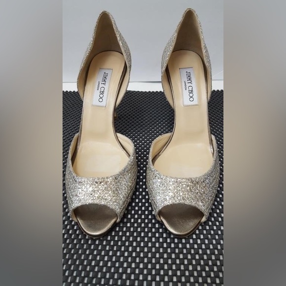 Jimmy Choo Shoes - Jimmy Choo Glitter Champagne Logan D'orsay Leather Peep Toe Pumps, size 39